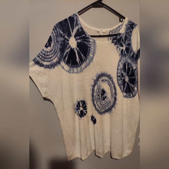 Pure Jill Tops - Pure J. Jill L Large White Blue Tie Dye Linen Boho Hippie Top Beach Lagenlook